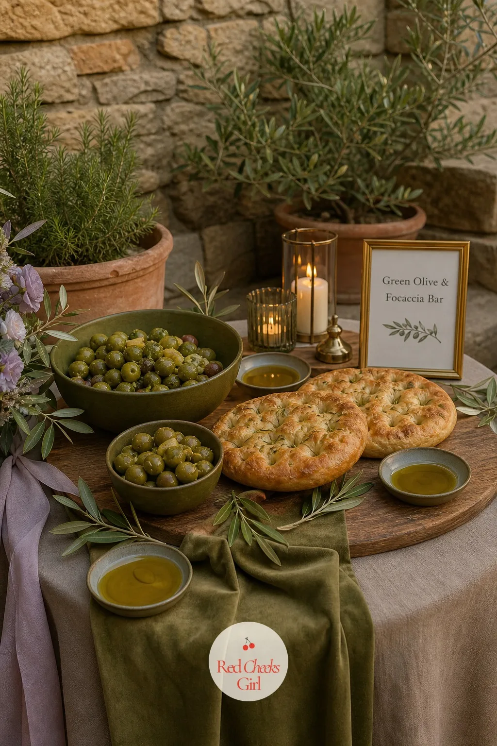 A Green Olive and Focaccia Bar — Cocktail hour guests are hungry and a little restless, standing with a drink and nowhere to put it down. Olive green wedding