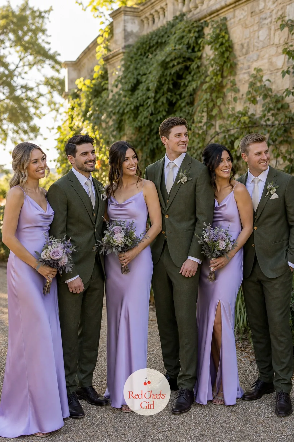 Lilac Bridesmaid Dresses Next to Olive Suits — Putting two strong colors side by side worries people, and fairly: done wrong it looks like a mismatched photo