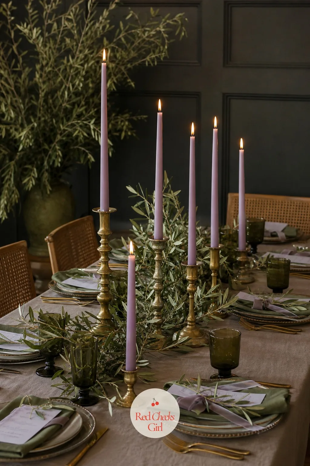 Lilac Taper Candles in Brass Holders — Overhead lighting flattens a room once the sun goes down, and a table lit only from above loses all its warmth. Olive