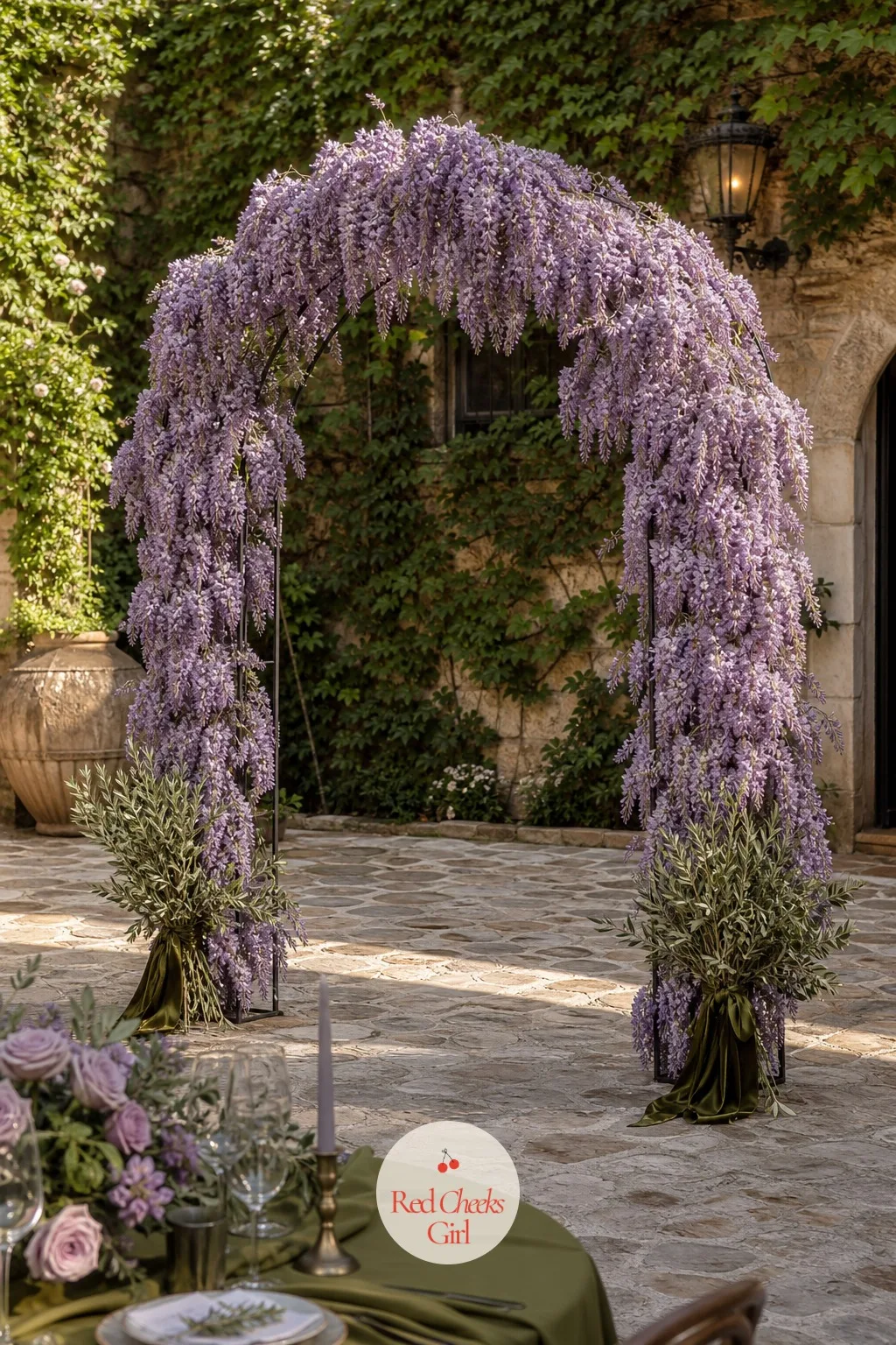 A Lilac Wisteria Draped Arch — Every couple wants one good photograph behind them during the vows, and a bare arch gives the photographer nothing to work with.