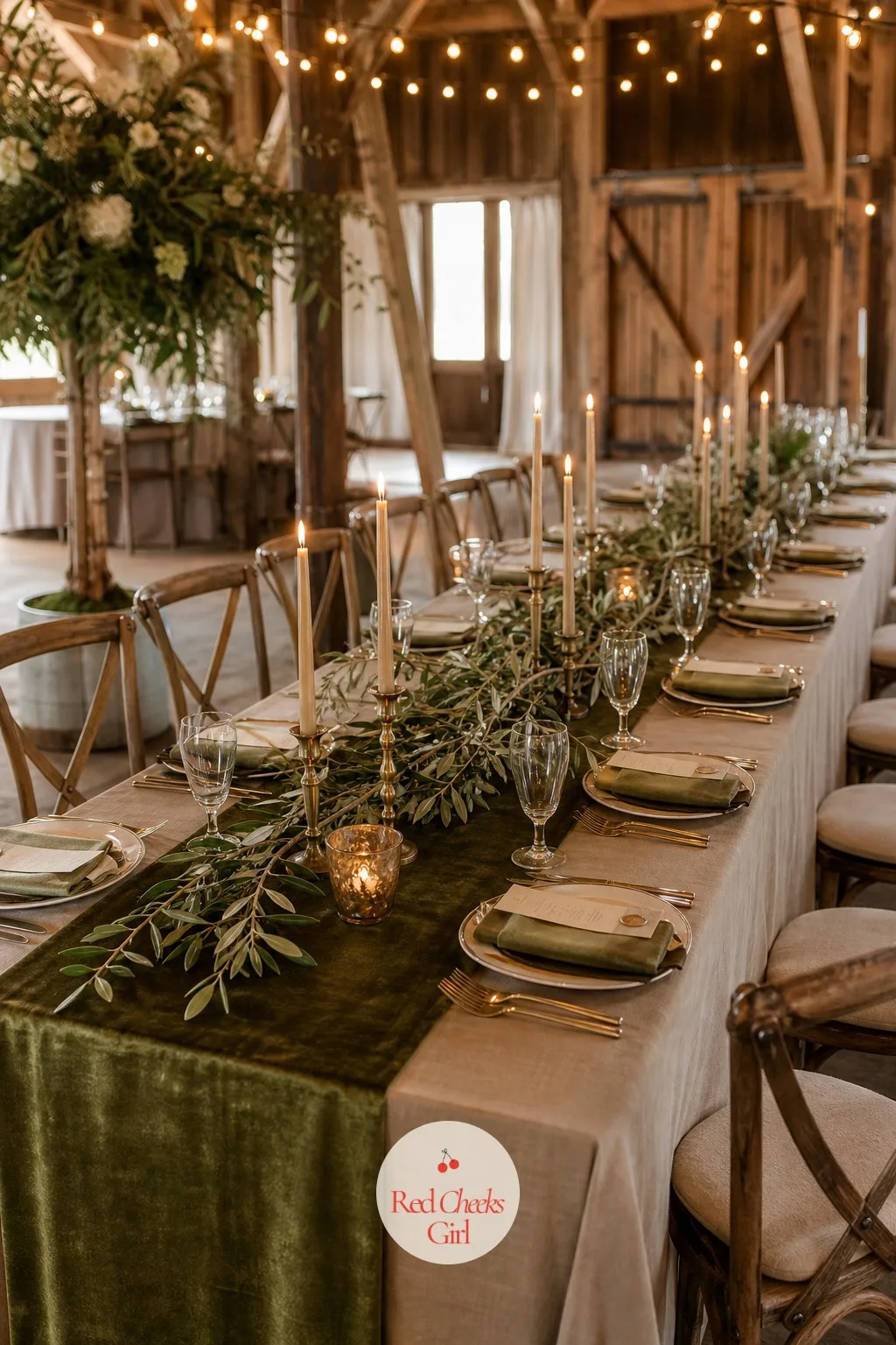 Long Tables Dressed in Olive Velvet with Branches Down the Center — A long table in plain white linen says nothing. Olive green wedding