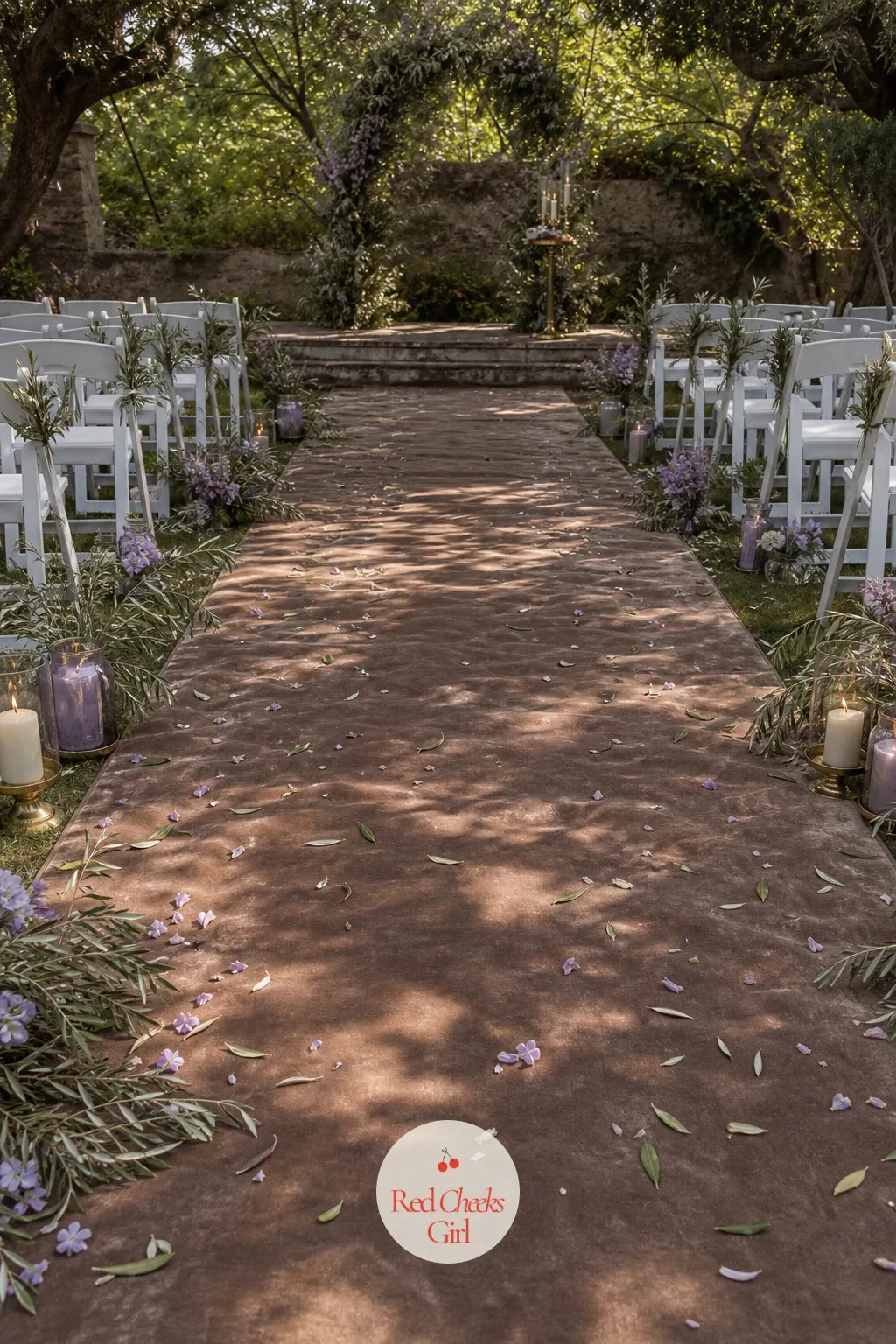 A Mocha Velvet Aisle Runner — Nobody wants to watch their aunt's heels sink into grass halfway down the aisle, and a runner fixes that while giving the whole