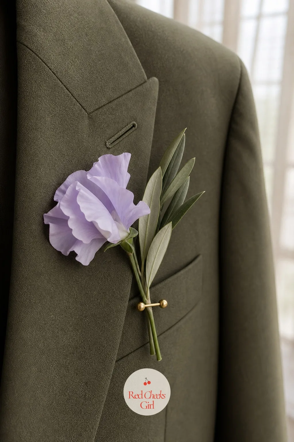 Olive Leaf Boutonnieres with a Sweet Pea Sprig — A boutonniere that is too big ends up being fiddled with all day, and most men would rather forget it is
