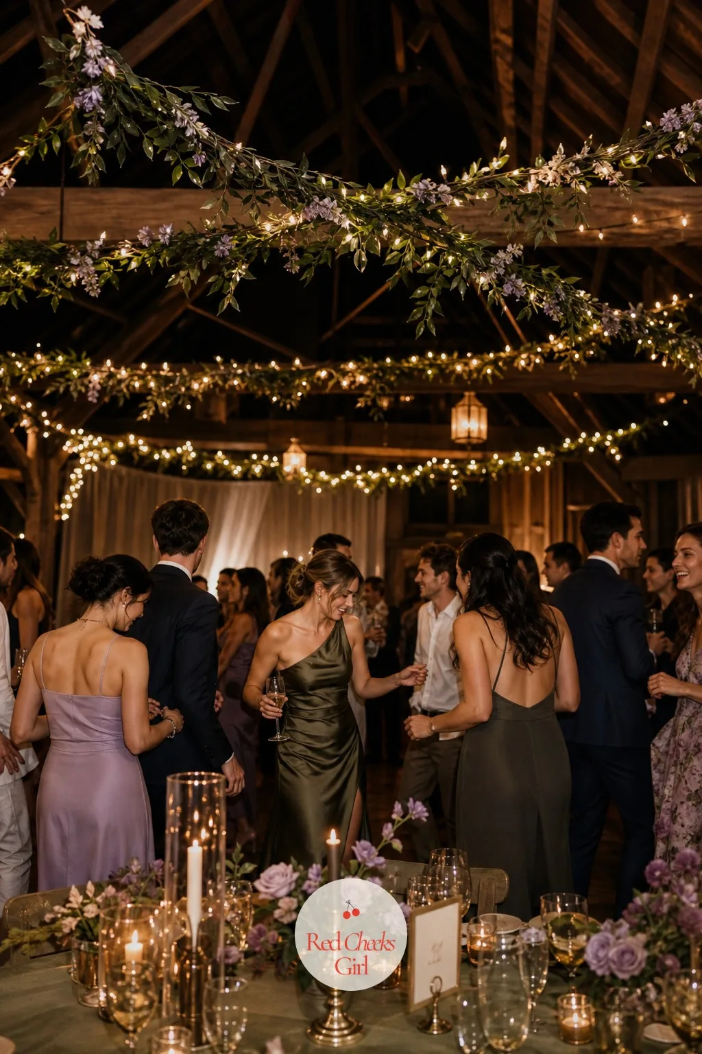 An Olive Leaf Garland Over the Dance Floor — A ceiling left bare makes even a beautifully set room feel unfinished once the lights go down. Olive green wedding