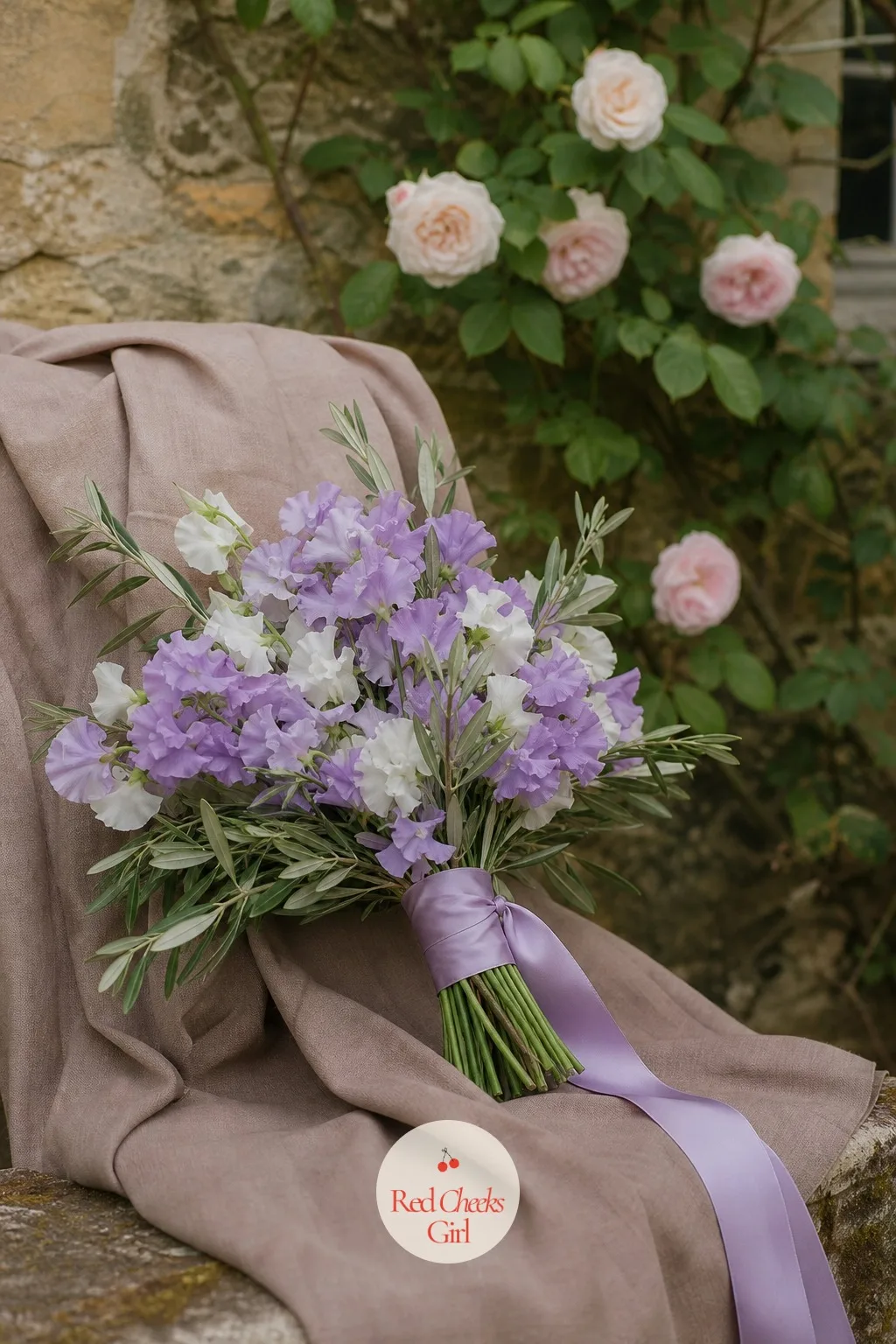 The Olive and Lilac Bouquet with Sweet Peas — A bouquet that is all one bloom looks flat in photographs, no matter how expensive the flower. Olive green wedding