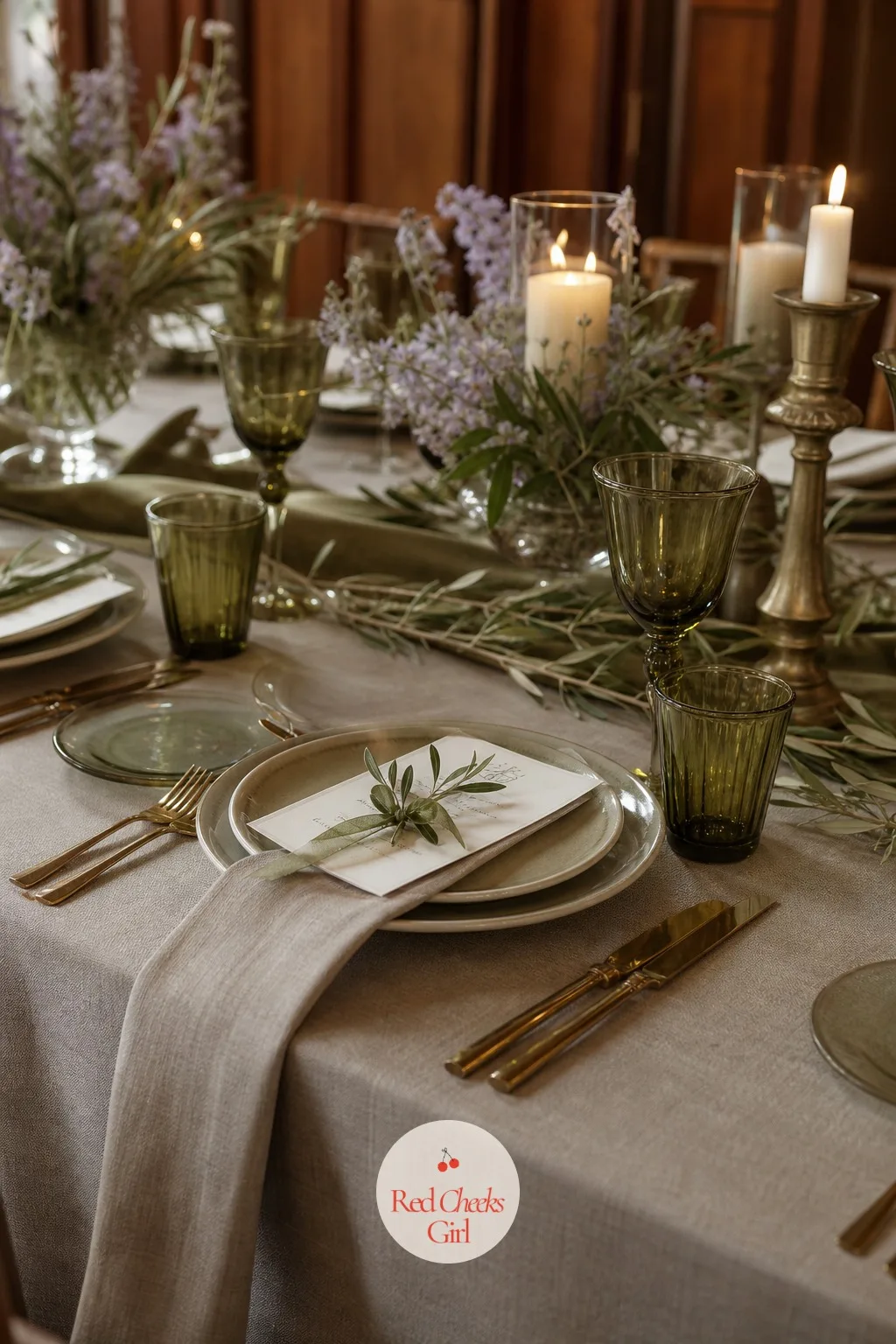 Olive-Green Glassware at Each Place — Clear glass photographs well enough, but it disappears into the table instead of adding to it. Olive green wedding