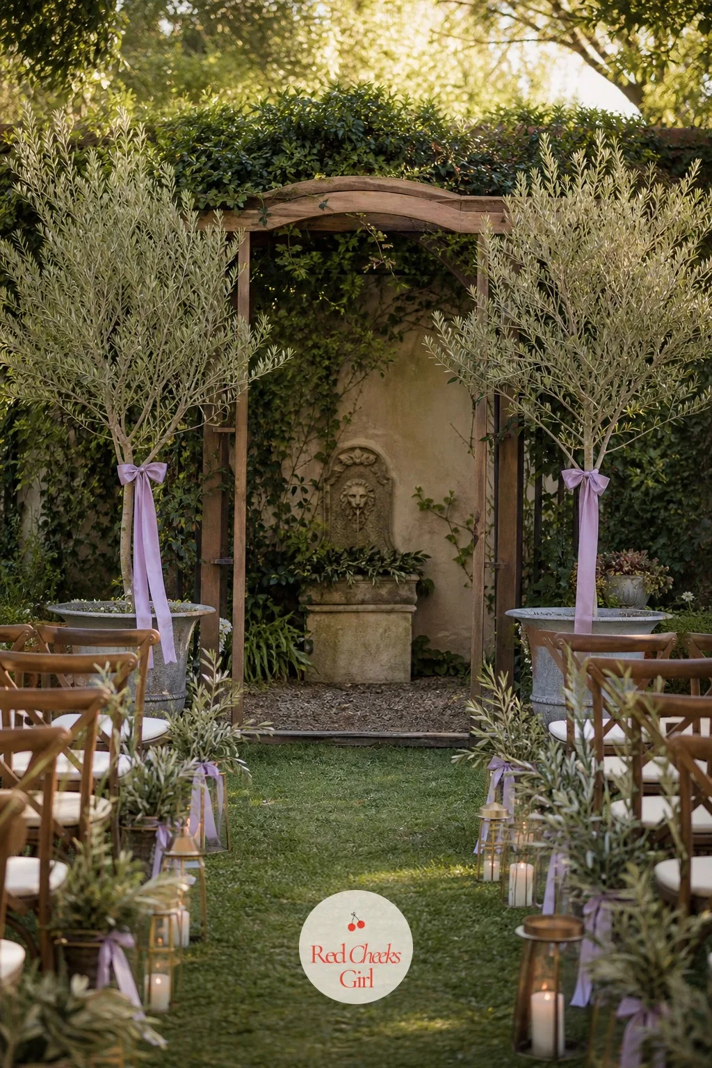 Potted Olive Trees Framing the Ceremony — A bare arch looks lonely from the back row, and most ceremony backdrops are gone in twenty minutes anyway. Olive