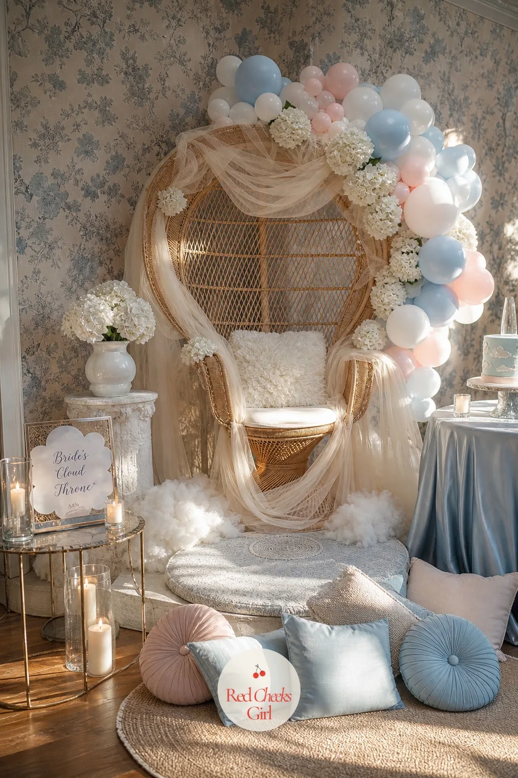 The Bride's Cloud Throne — Somewhere in that lounge she needs one chair that is clearly hers, not borrowed from the dining table. On cloud 9 bridal shower theme