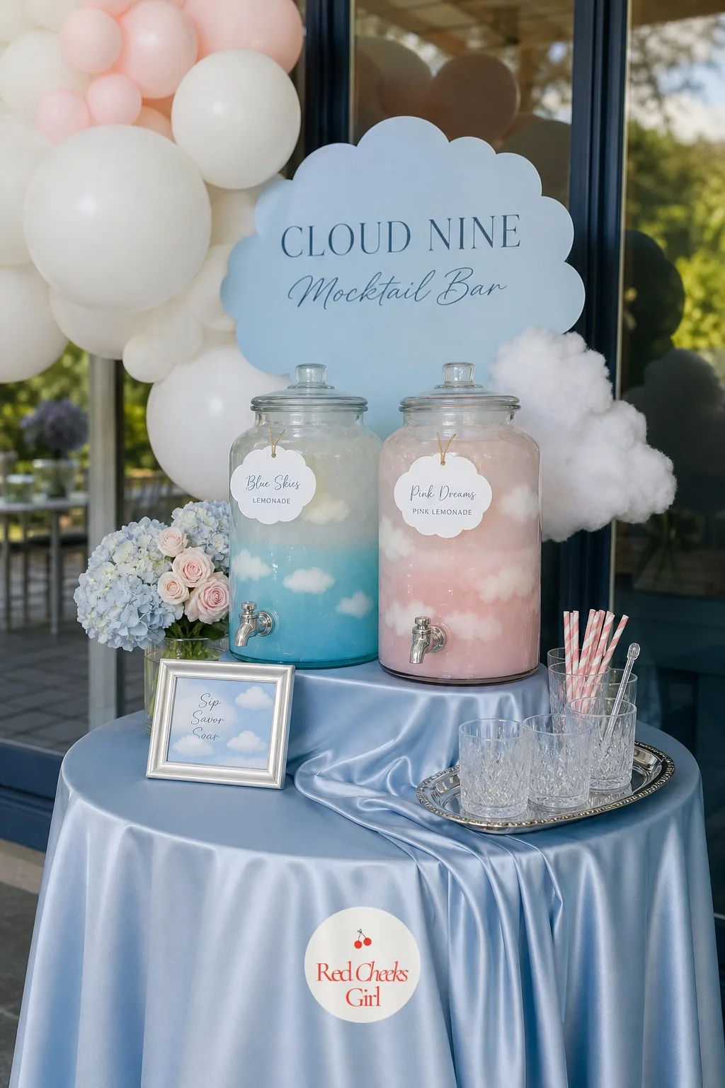 Cloud Nine Mocktail Bar — She does not need a full bar for an afternoon shower, just two good drinks and somewhere to pour them: a satin-skirted side table