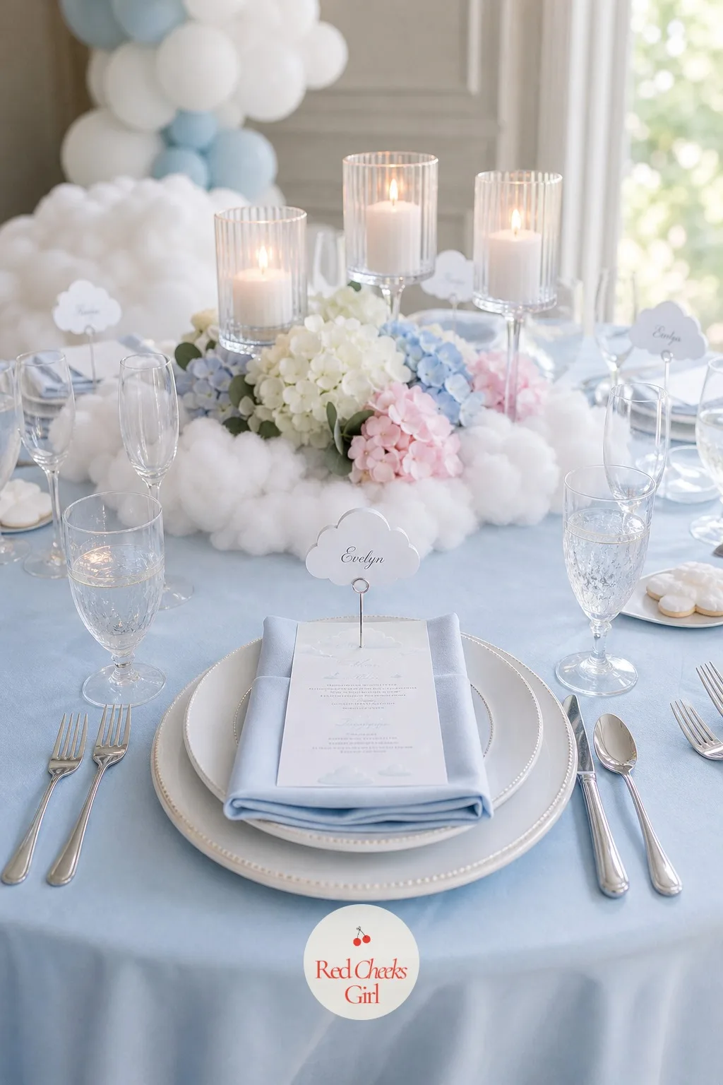 Cloud Place Cards — Nobody wants to hover over a seating chart with a drink in hand, so let a small cloud cut from white cardstock do the pointing for her: a