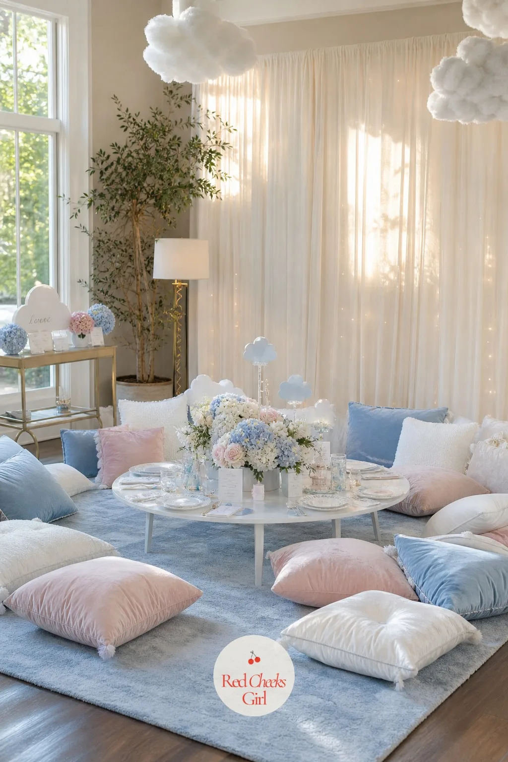 Floor Cushion Cloud Lounge — She would rather sit cross-legged with a drink than perch on a folding chair all afternoon, and this corner is built for exactly