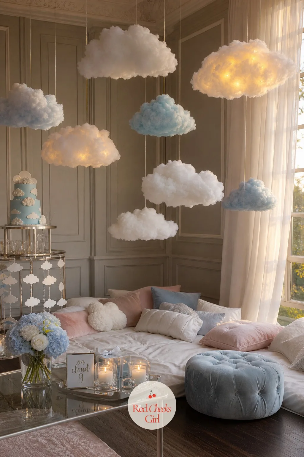 Hanging Cloud Ceiling Installation — Look up before you look anywhere else: a scatter of soft fiberfill clouds hangs at different heights above the lounge or