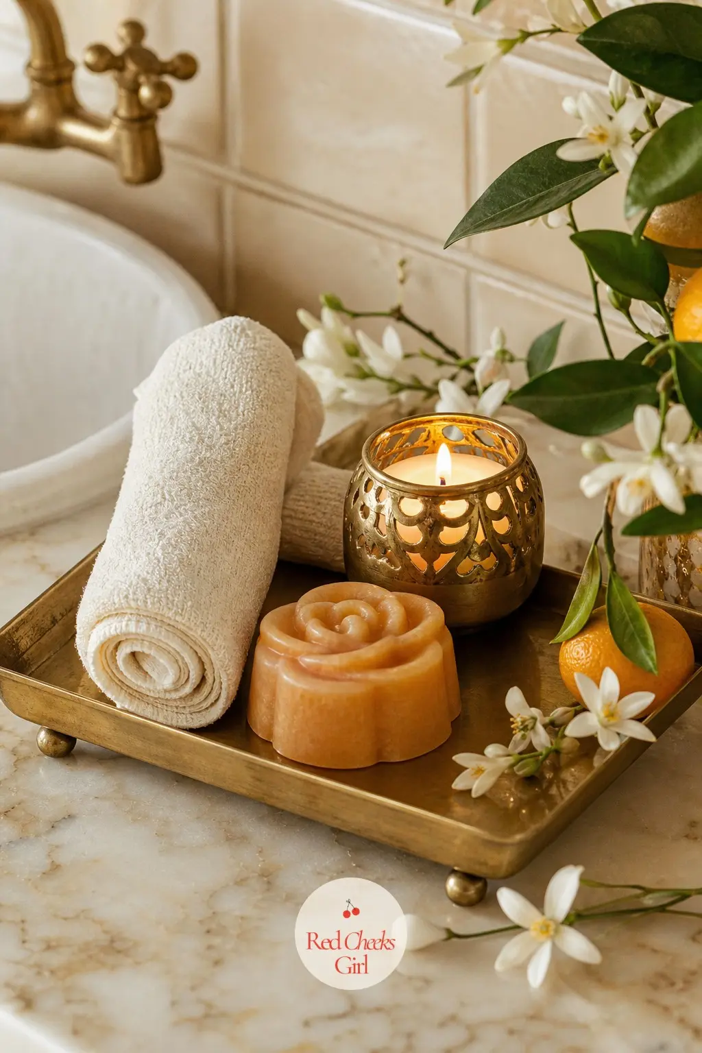 The Bathroom Tray, Set with Orange Blossom Soap and a Citrus Candle — A small brass tray on the bathroom counter holds a bar of orange blossom soap, a rolled
