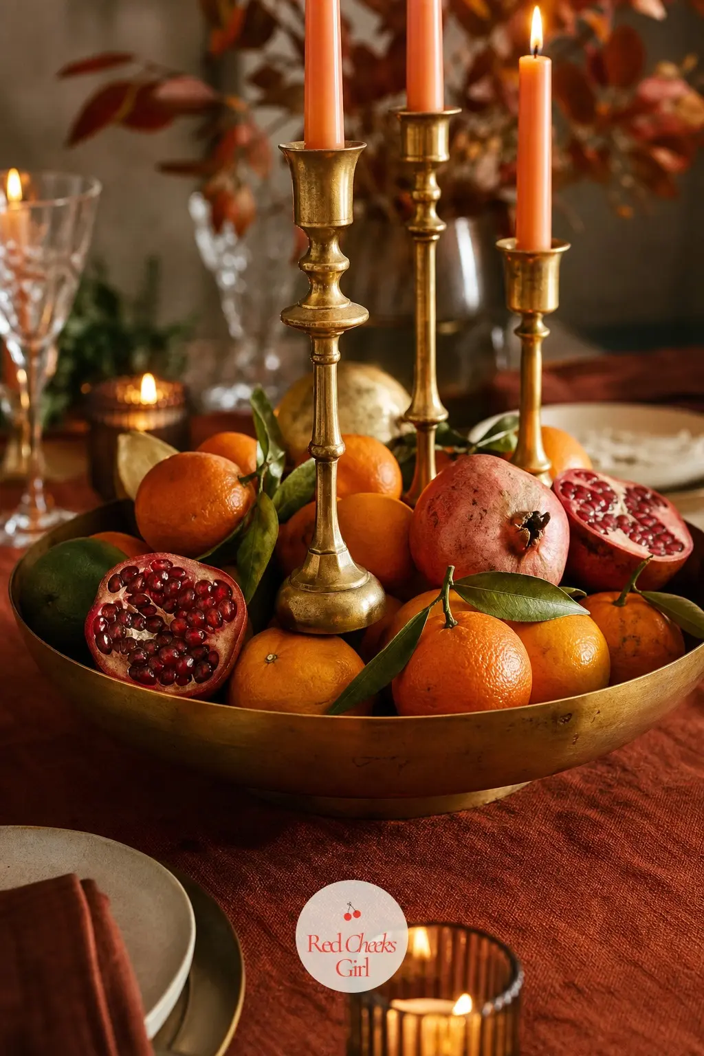The Centerpiece, Clustered with Clementines, Pomegranates and Brass Candlesticks — At the centre, a low cluster of fresh clementines and halved pomegranates