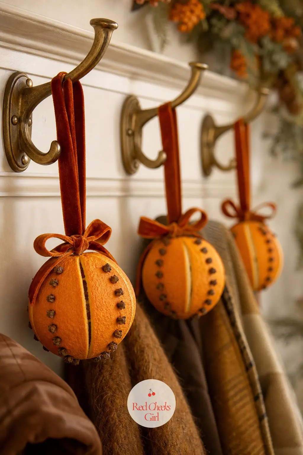 The Coat Pegs, Hung with Orange Pomander Balls on Velvet Ribbon — Each peg gets one whole dried orange pomander on a short length of burnt orange velvet