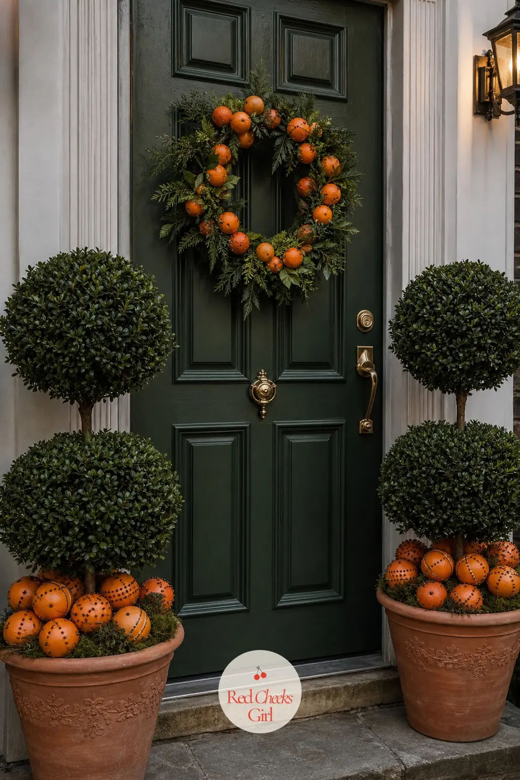 The Doorstep, Set with Clipped Bay Topiaries and Orange Pomanders — Either side of the door, a pair of bay topiaries in terracotta pots holds the shape of the