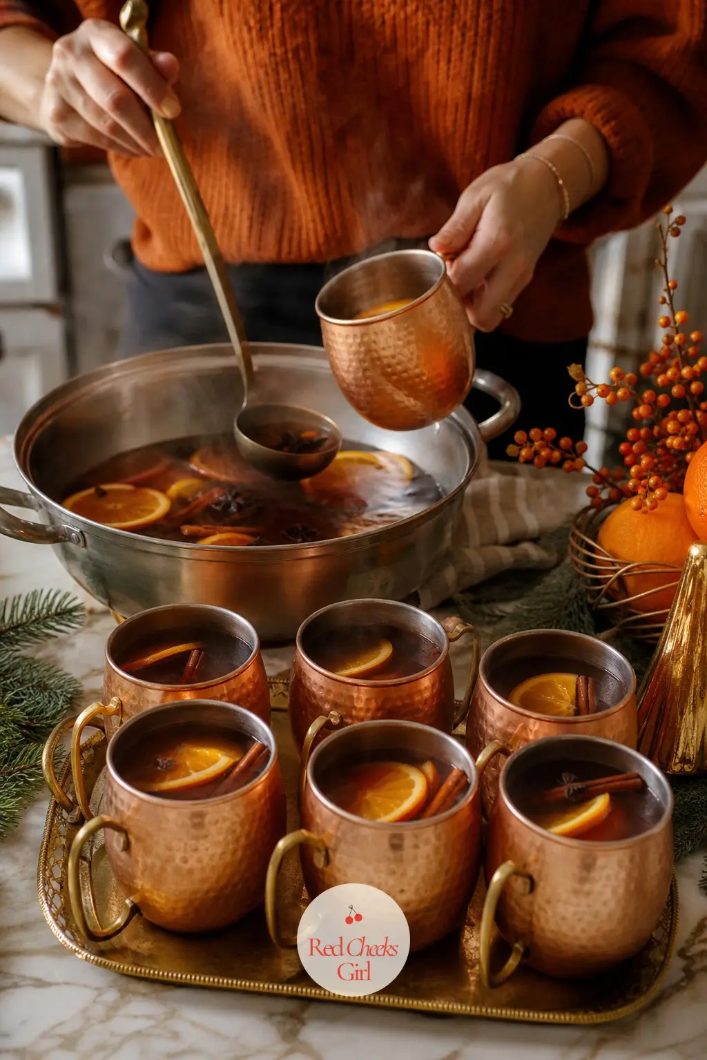 The Drinks Station, Poured with Spiced Orange Cider in Copper Mugs — A pan of cider simmers with orange slices, cinnamon and star anise sitting visibly in the
