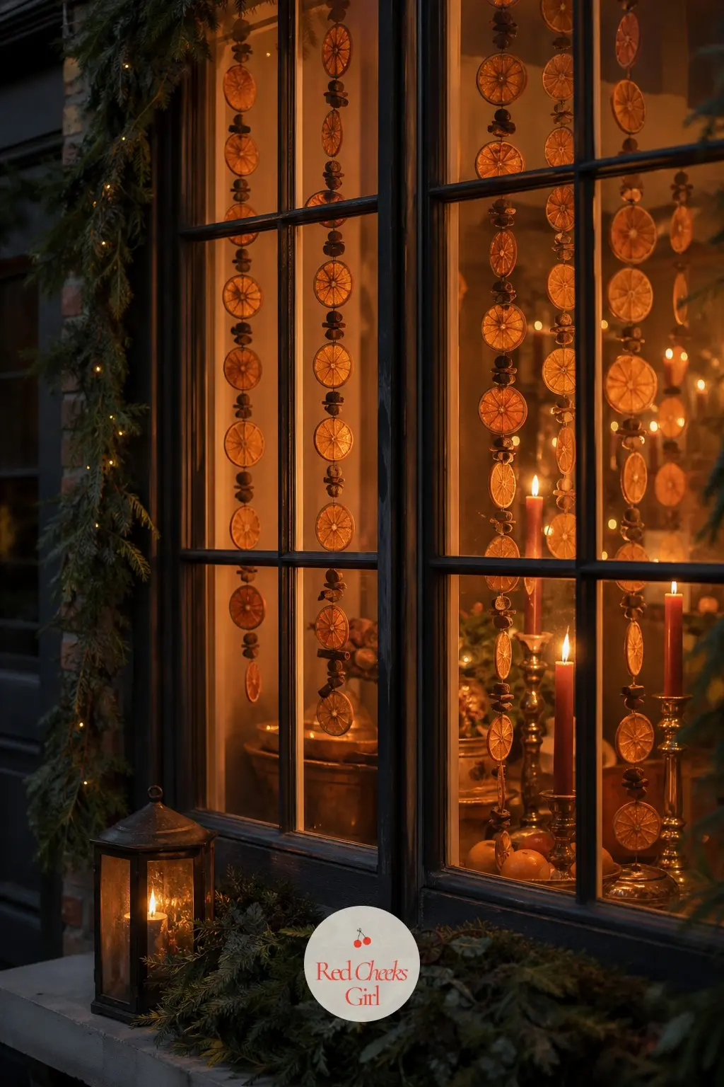 The Front Windows, Strung with Garlands of Dried Orange Slices — The front windows carry the motif straight onto the street: dried orange slices strung on fine