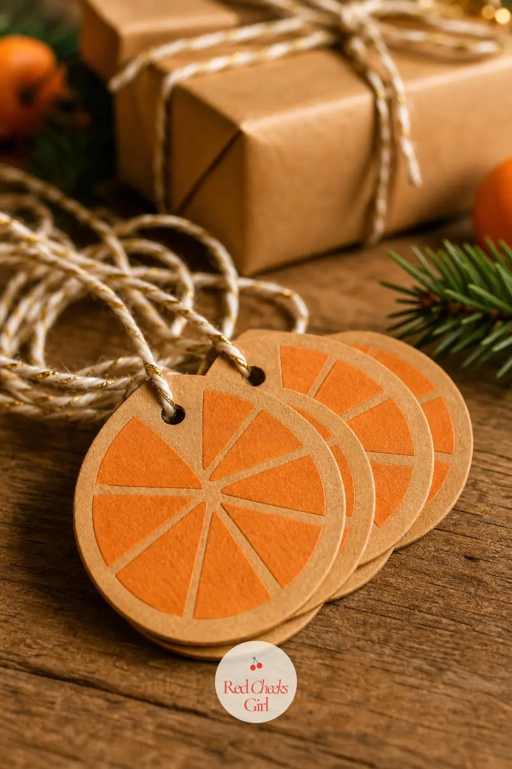 The Gift Tags, Cut into Little Orange Slice Shapes — Scraps of the same kraft paper get cut into small circles, scored with a few lines from the centre out to