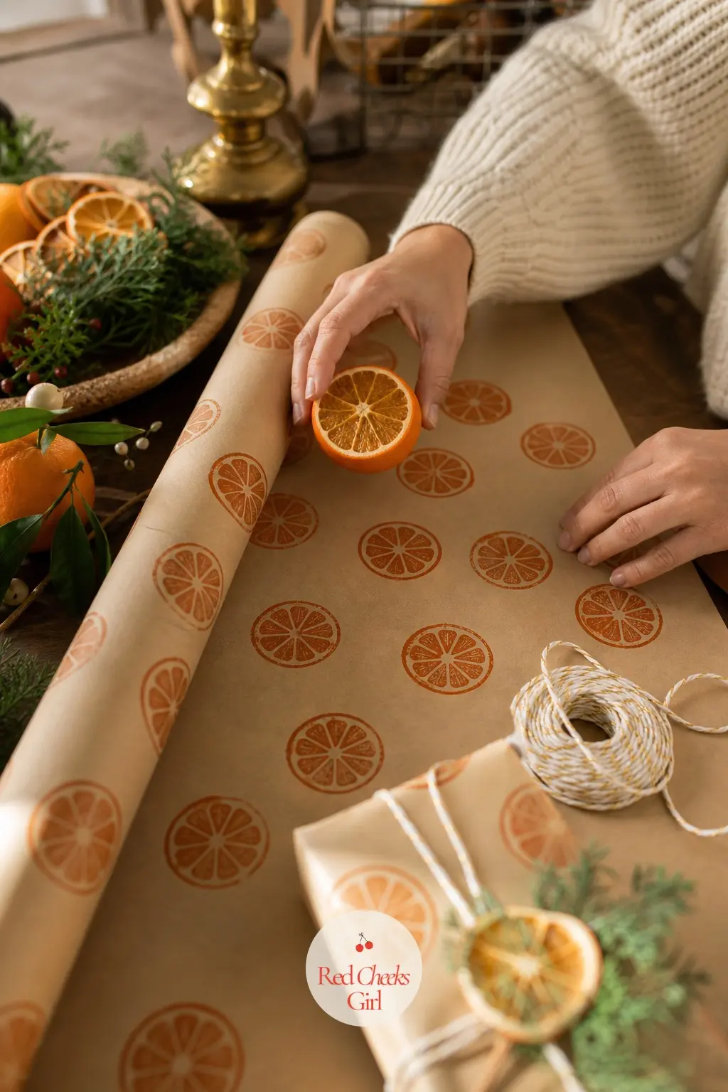 The Gift Wrapping Station, Papered in Kraft Paper and Citrus Stamps — Plain kraft paper takes a hand stamped citrus print better than anything printed, a