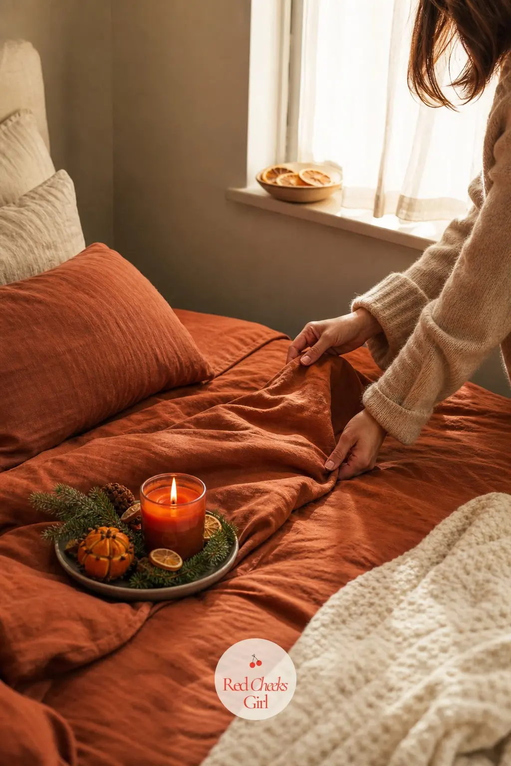 The Guest Bedroom, Dressed in Warm Terracotta Linen and a Citrus Candle — The bed takes a terracotta linen throw folded across cream sheets, with a single