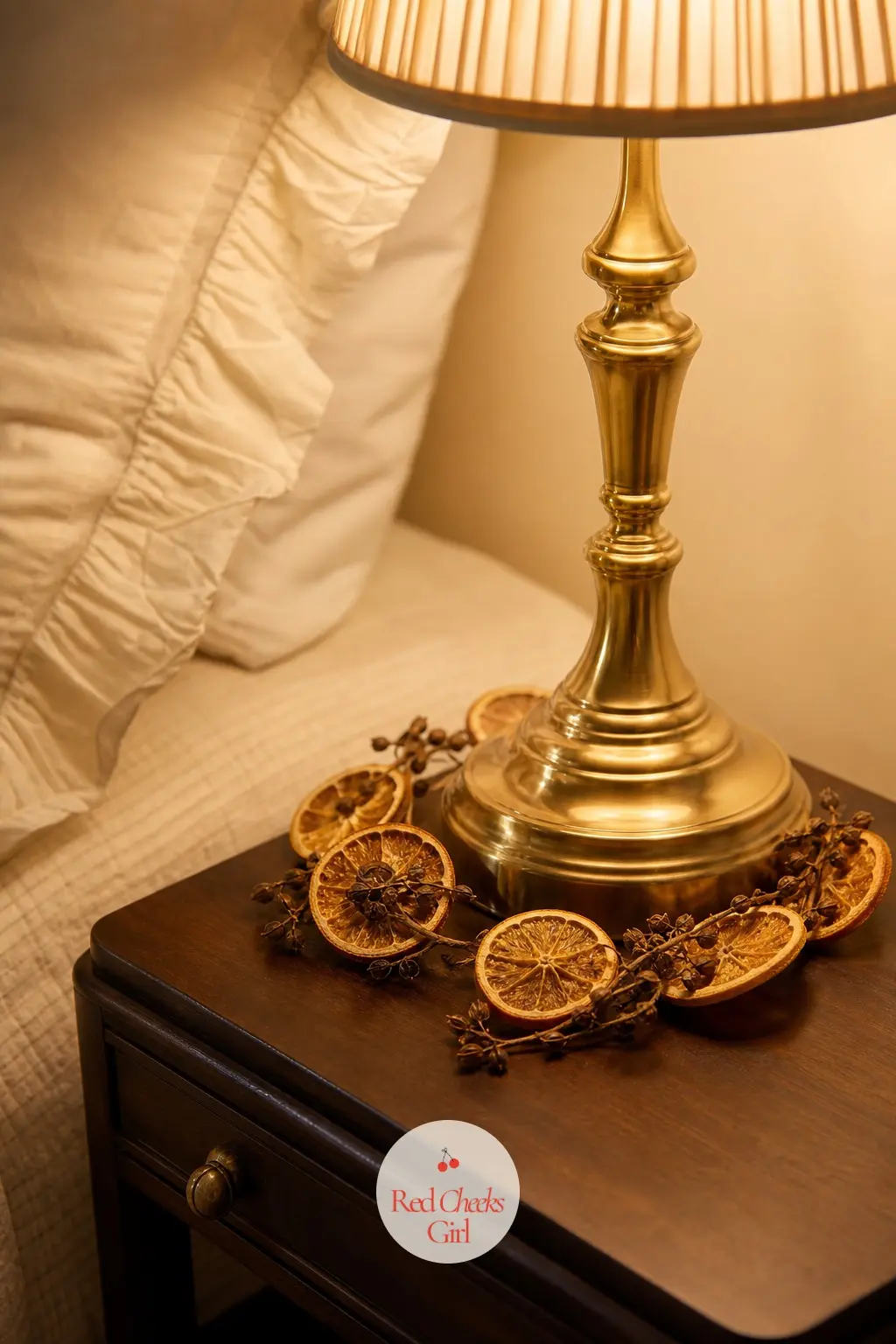 The Guest Nightstand, Set with a Dried Orange Garland and a Brass Lamp — A short length of garland loops loosely around the base of the bedside lamp rather
