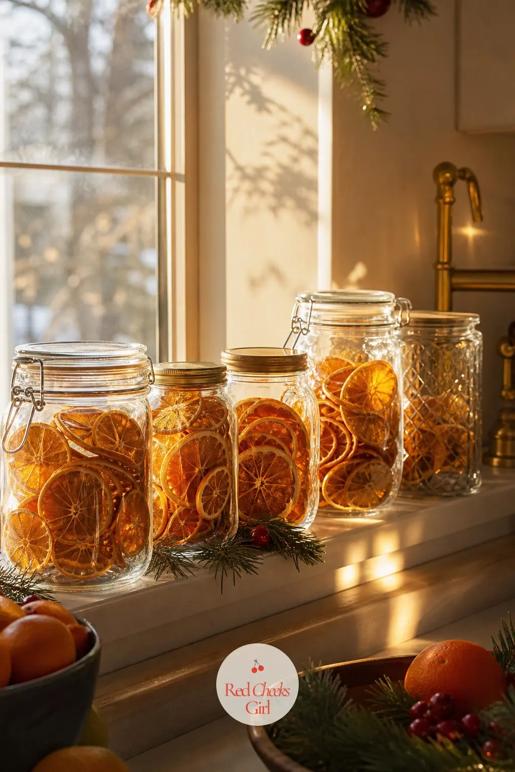The Kitchen Window, Lined with Jars of Drying Orange Slices — The kitchen window sill holds the theme at its most honest: open jars of orange slices mid dry, a