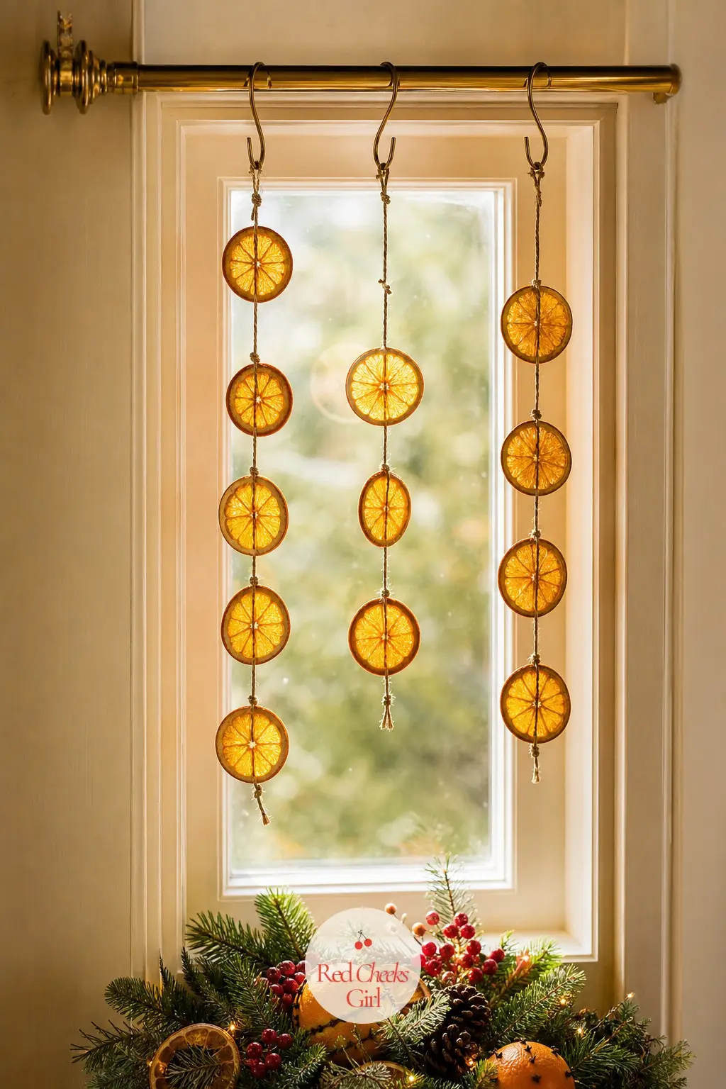 The Landing Window, Dressed with a Hanging String of Dried Orange Discs — A narrow landing window takes three short strings of dried orange discs hung at