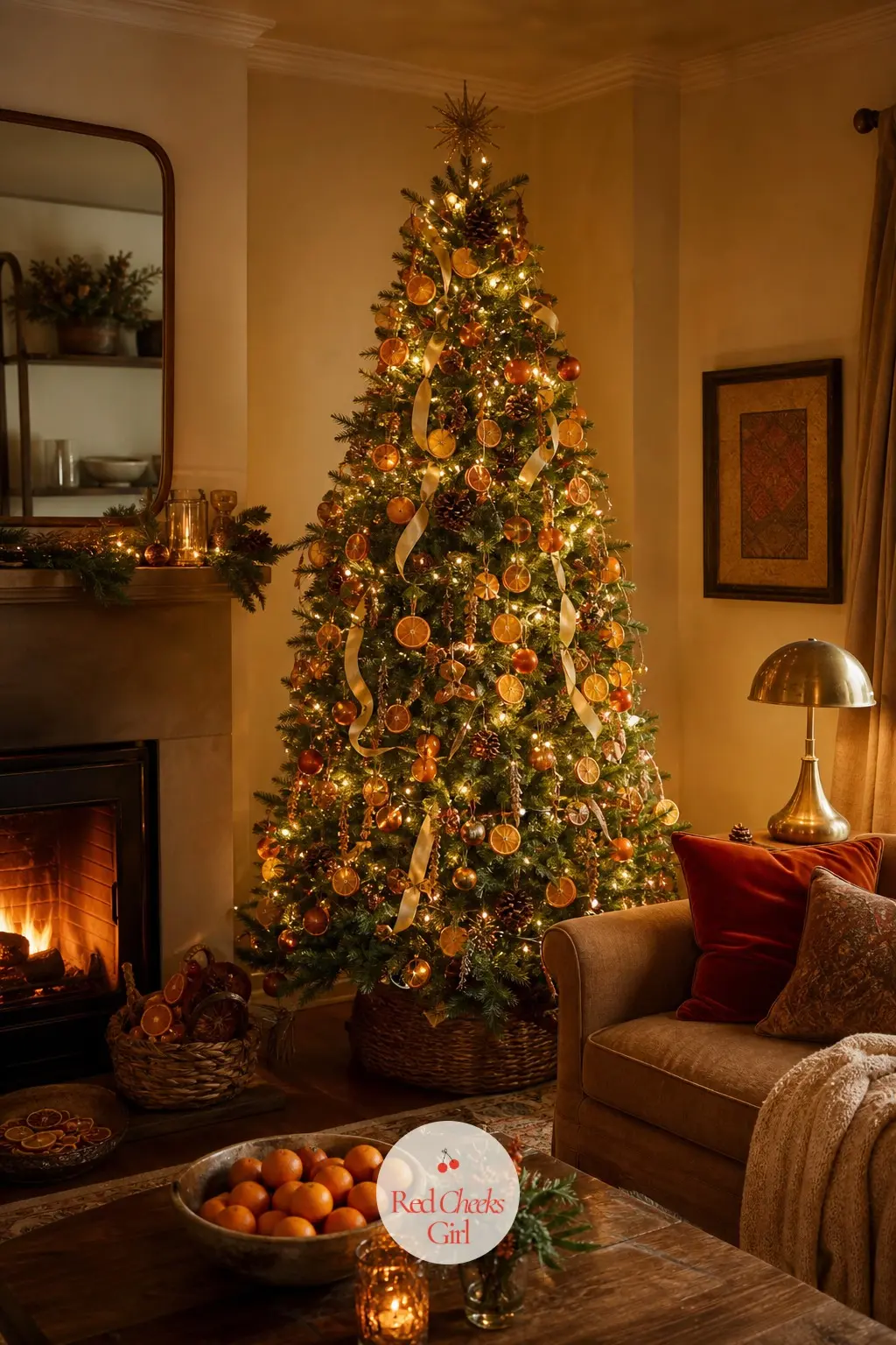 The Living Room by Lamplight, Glowing Around a Tree Trimmed in Dried Citrus — By evening the room runs on lamplight and firelight rather than overheads, which
