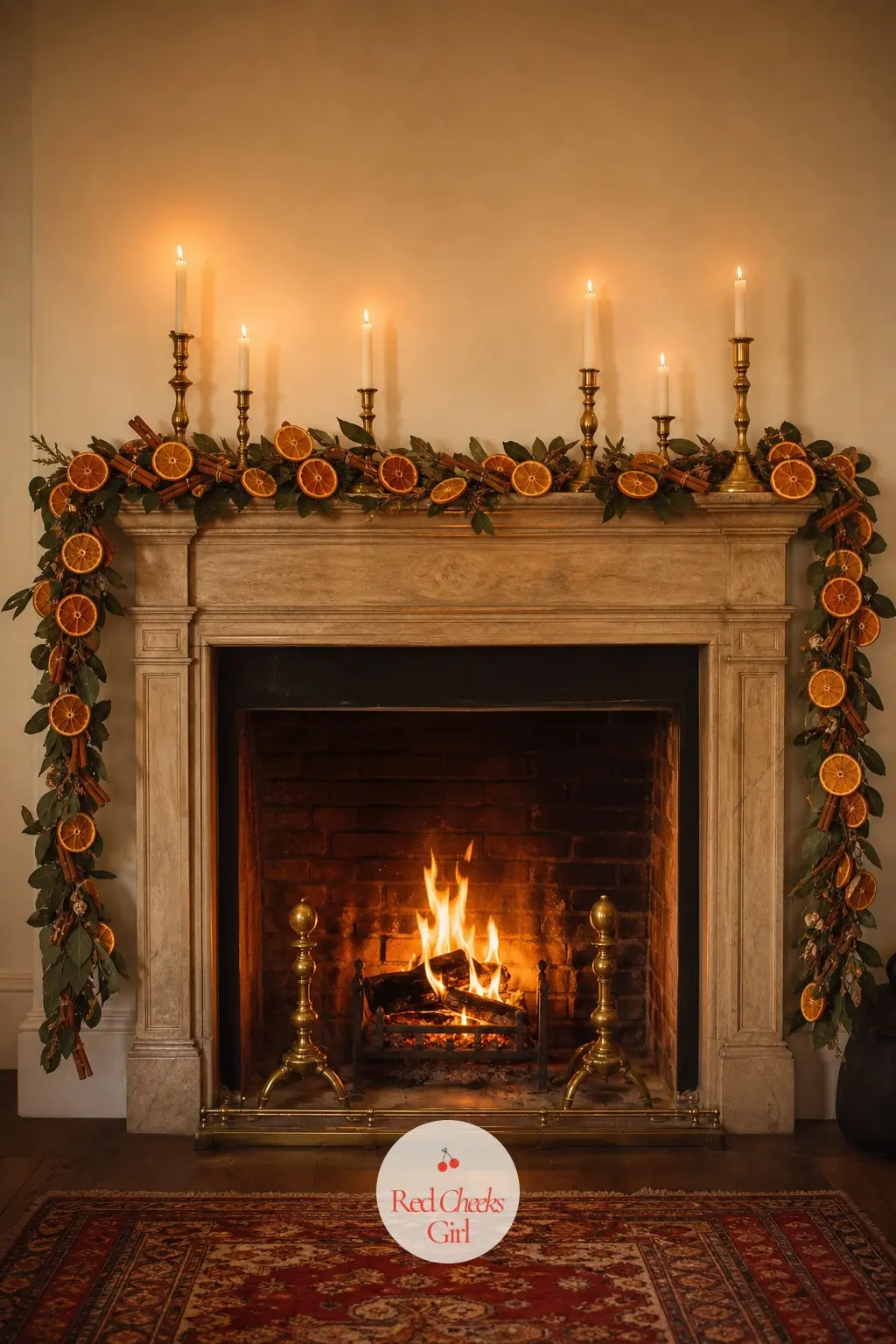 The Mantel, Lined with a Garland of Dried Orange Slices and Brass Candlesticks — The mantel carries the motif at its most concentrated: a long garland of dried