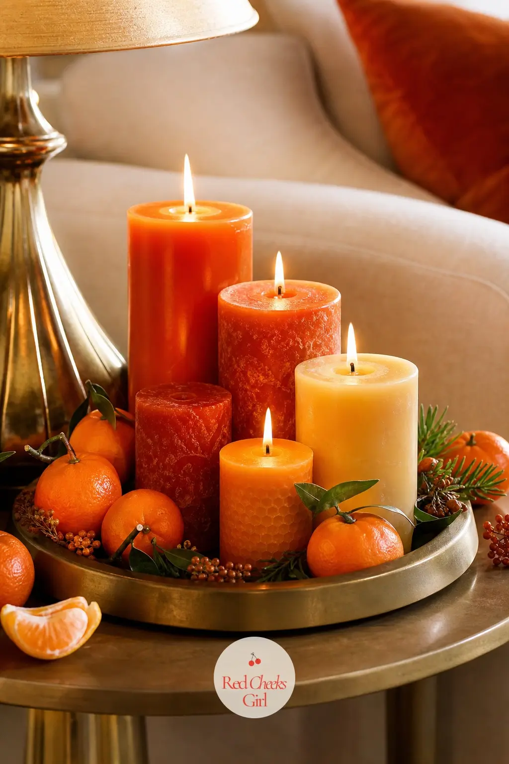 The Side Table, Set with a Cluster of Orange and Beeswax Candles — A side table beside the sofa holds a cluster of candles in two heights, one in deep burnt
