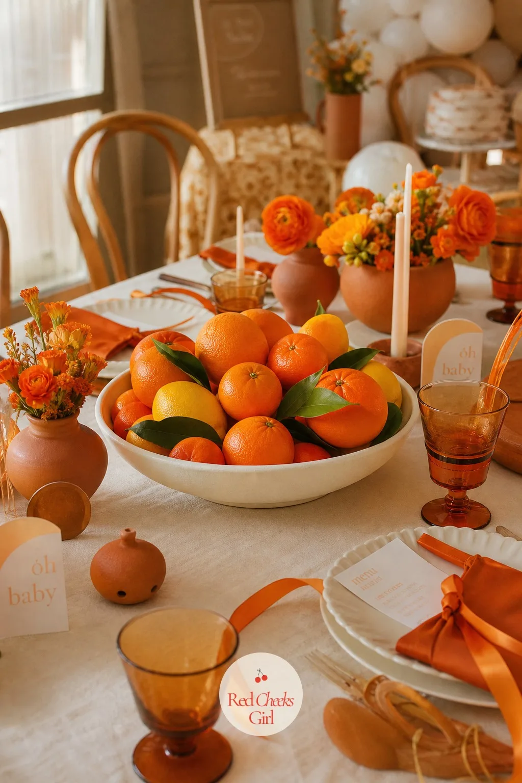 Citrus Centerpiece Bowls — Sometimes the simplest centerpiece is the one that does not need watering, arranging, or a trip to a florist at all. Orange theme