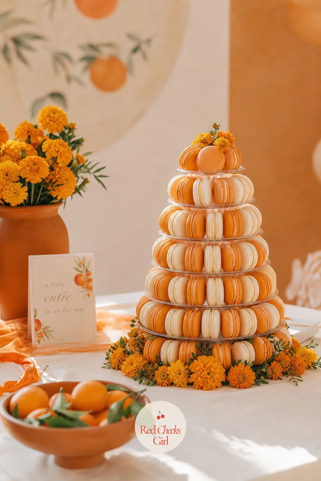 Citrus Macaron Tower — For the shower that wants a touch more polish without a bigger budget, a tiered macaron stand does it in one object. Orange theme baby
