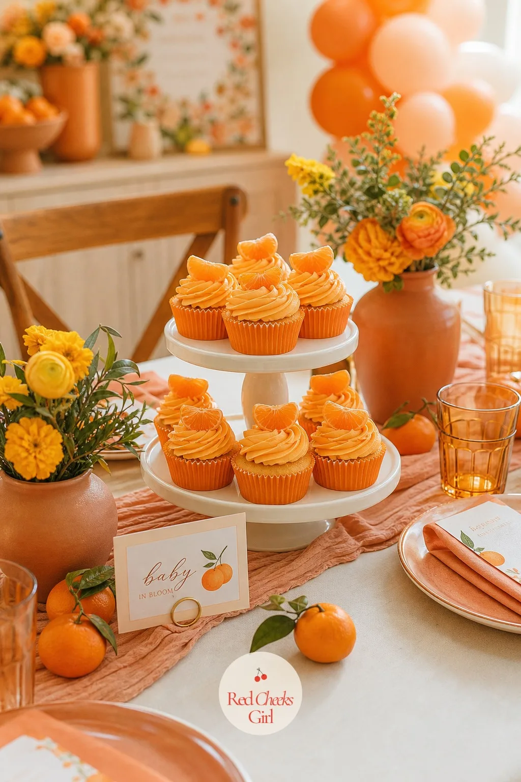 Clementine Cupcakes — For the guest who wants a bite rather than a slice, these do the job without a cake knife. Orange theme baby shower ideas