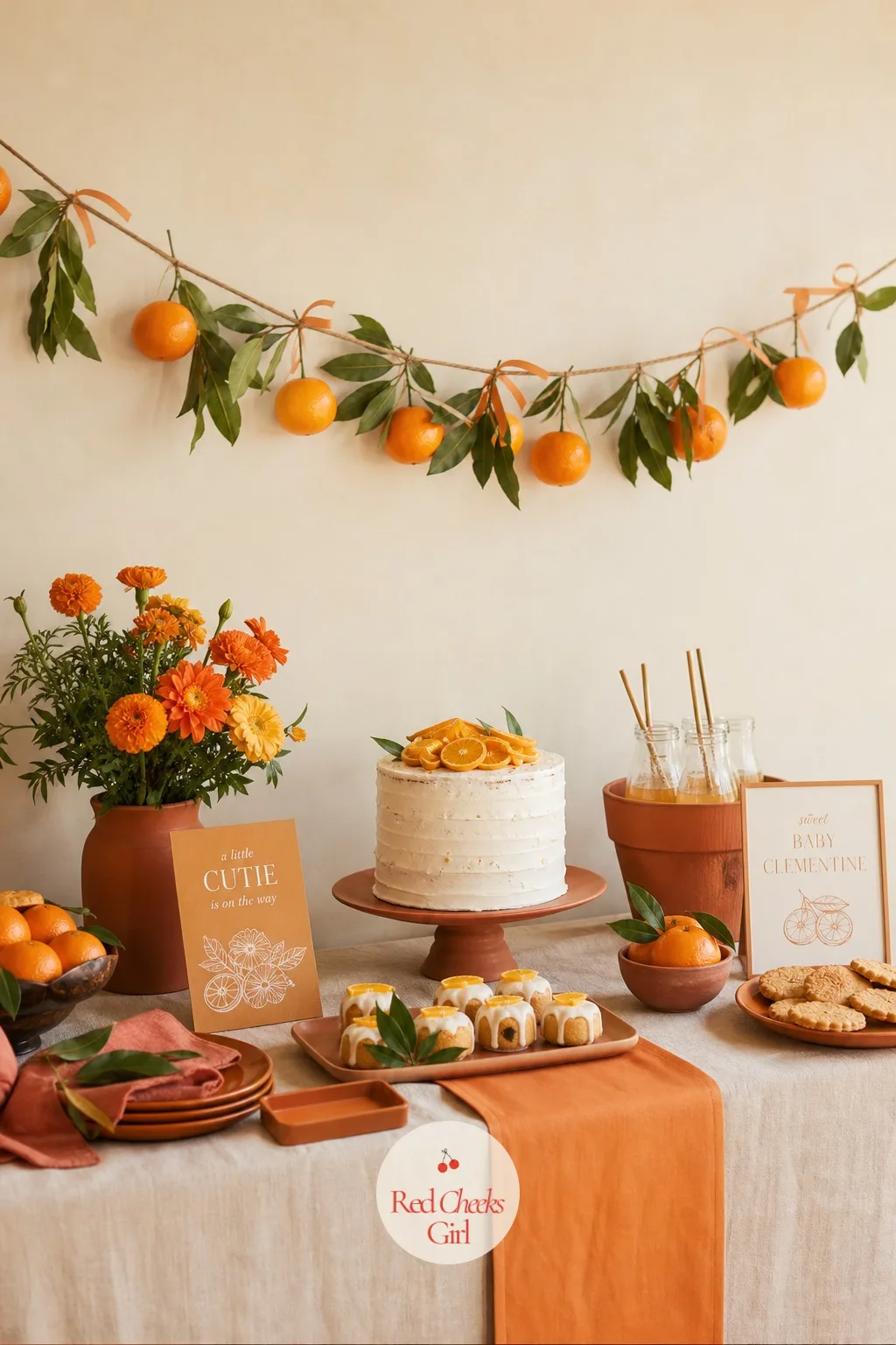 Clementine Garland Backdrop — Whatever hangs behind the dessert table is the first thing a camera catches, before anyone has touched a fork. Orange theme baby