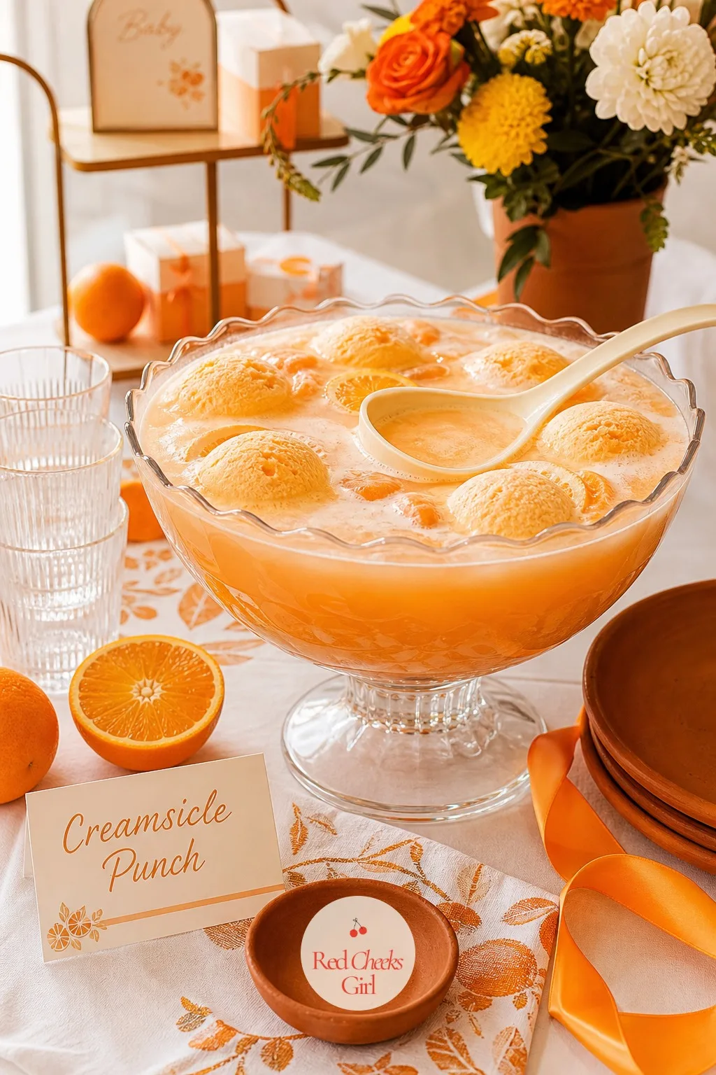 Creamsicle Punch Bowl — This one reads as dessert as much as drink, which is exactly why it disappears fastest. Orange theme baby shower ideas