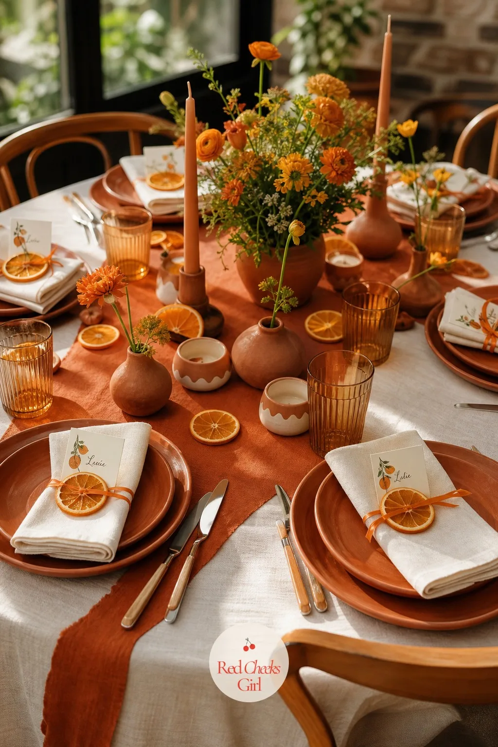 Dried Orange Slice Place Cards — This is the detail guests notice only once they sit down, which is exactly when a place card should land. Orange theme baby
