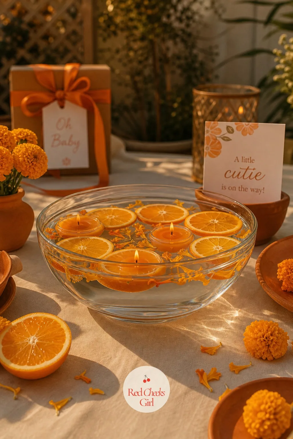 Floating Orange Candle Bowl — For a shower running into early evening, this is the piece that takes the table from daytime to golden hour without anyone