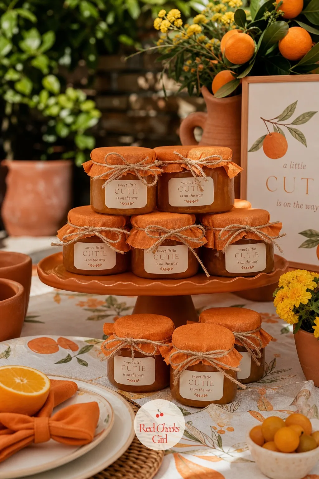 Jarred Orange Marmalade Favors — This one feels generous for the cost of a jar and a jar of fruit. Orange theme baby shower ideas