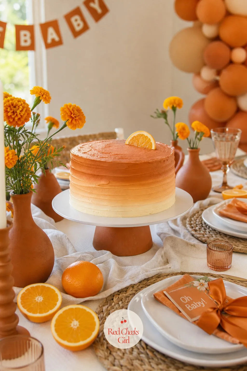 Orange Ombre Cake — She does not need a five tier showpiece, she needs one cake that looks like it took more effort than it did. Orange theme baby shower ideas
