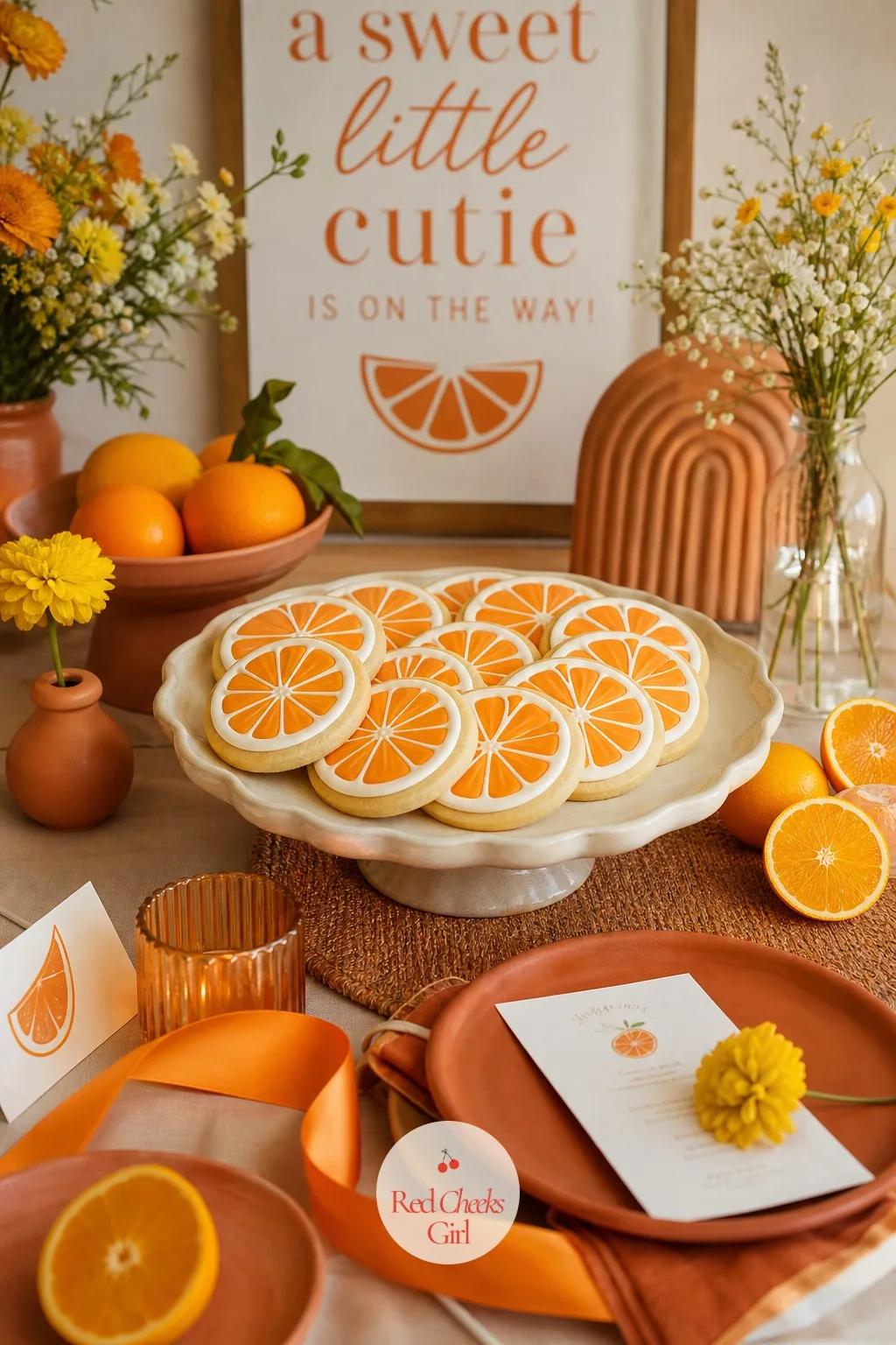 Orange Slice Cookies — These look harder than they are, which is the whole appeal of a cookie shaped like fruit. Orange theme baby shower ideas