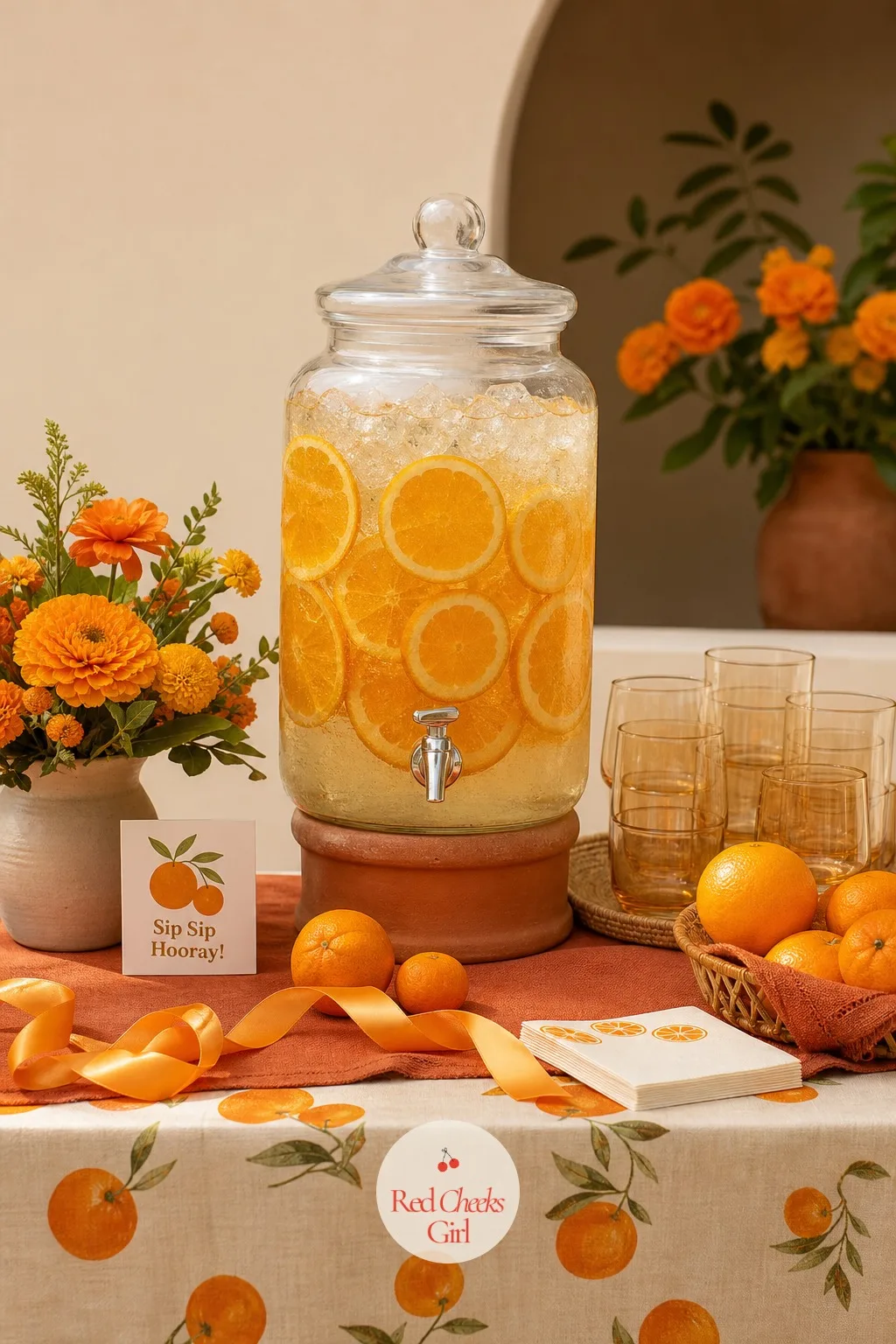 Orange Slice Drink Dispensers — Nobody wants to be the one refilling a punch bowl all afternoon. Orange theme baby shower ideas