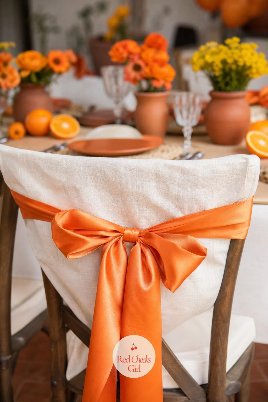 Tangerine Satin Ribbon Bows — The last layer is always ribbon, because it is the cheapest thing in the whole party and it ties every other piece together