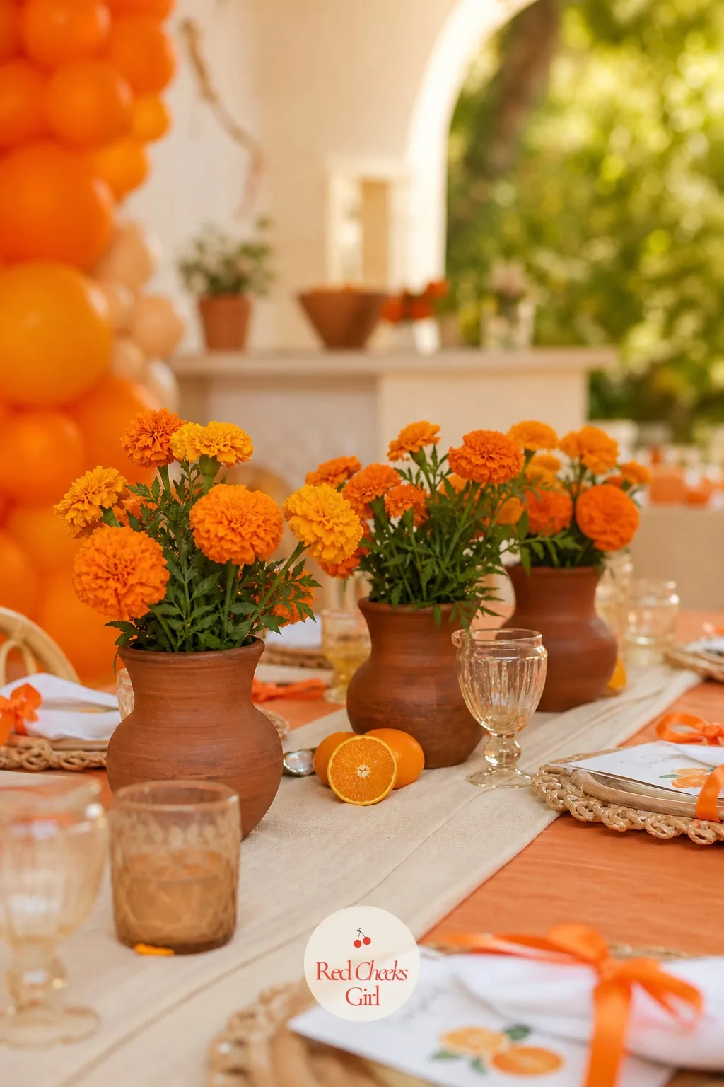 Terracotta Vases of Marigolds — This is the piece that keeps the whole orange palette from feeling like one note. Orange theme baby shower ideas