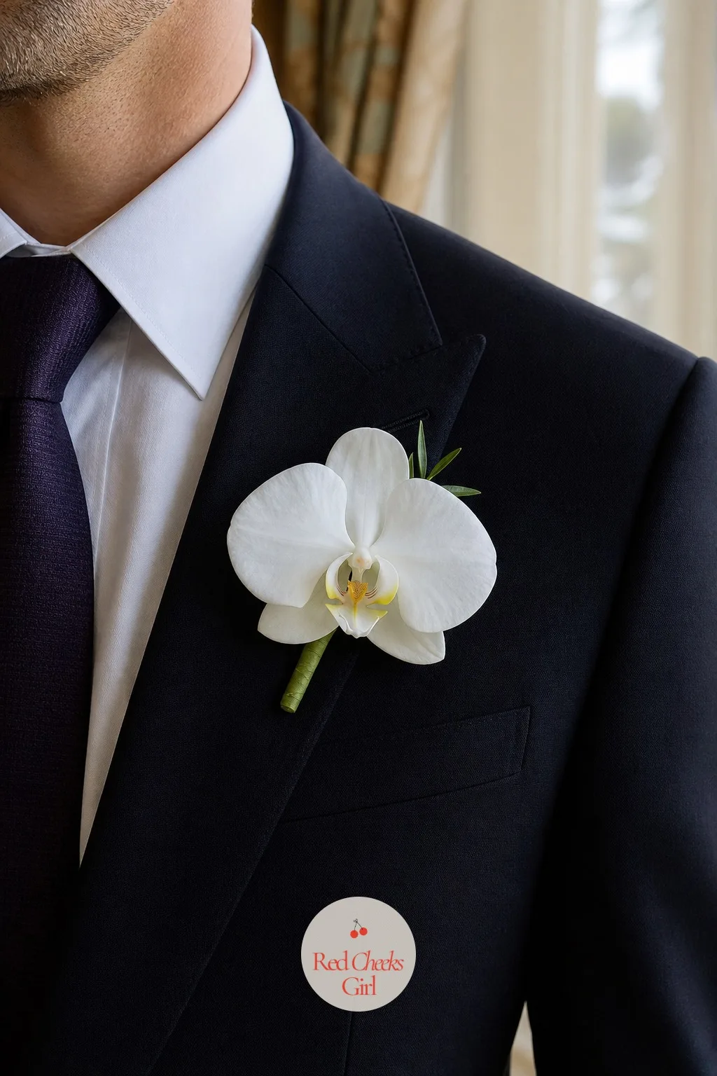 Boutonnieres of a Single White Orchid — A boutonniere with too much going on competes with the tie underneath it, and most grooms would rather not fuss with it