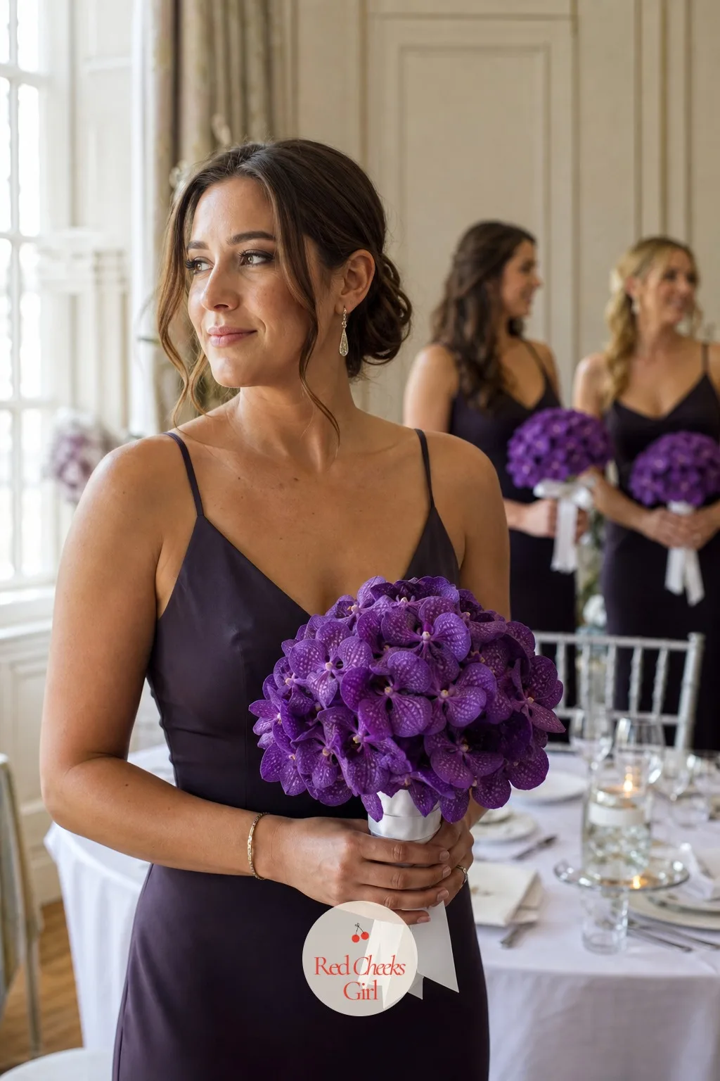 Bridesmaid Bouquets of Violet Orchids — If every bridesmaid carries a miniature version of the bride's cascade, the eye gets tired of the same shape repeated
