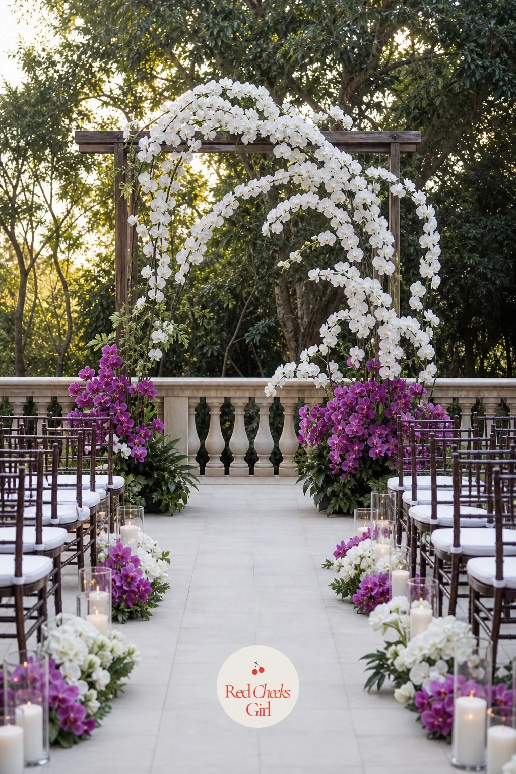 Ceremony Arch of Curved Orchid Stems — She pictures a wall of roses and worries it will look like every other arch she has seen this year. Orchid wedding