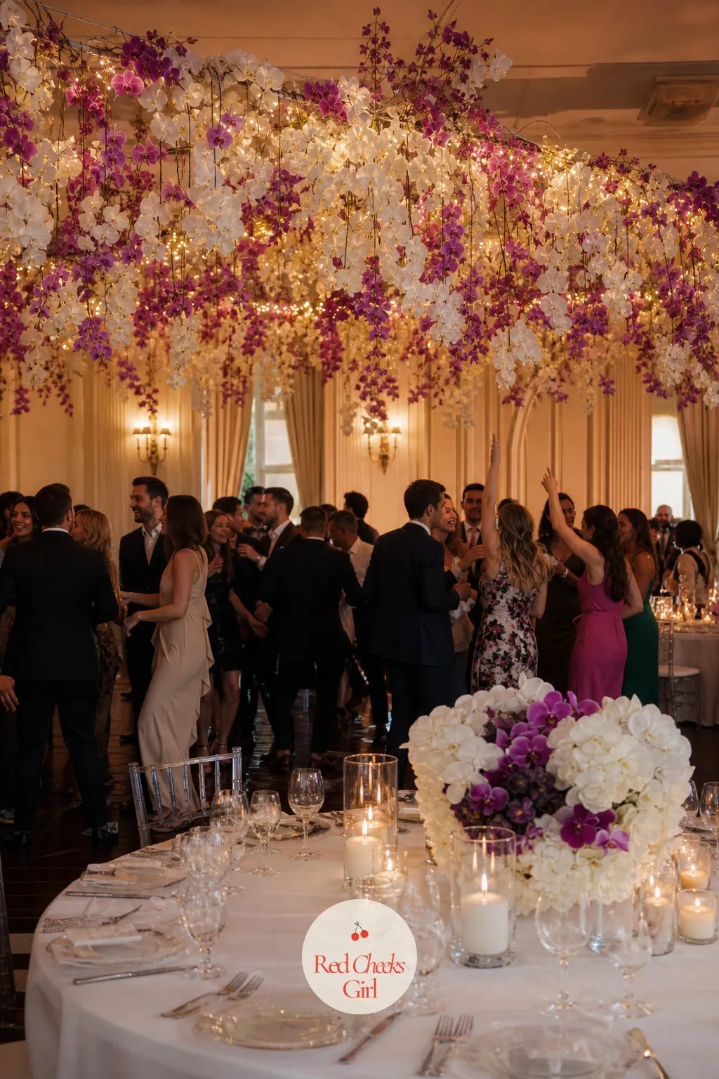 Hanging Orchid Installation Over the Dance Floor — A bare ceiling over the dance floor photographs flat, and string lights alone start to look borrowed from