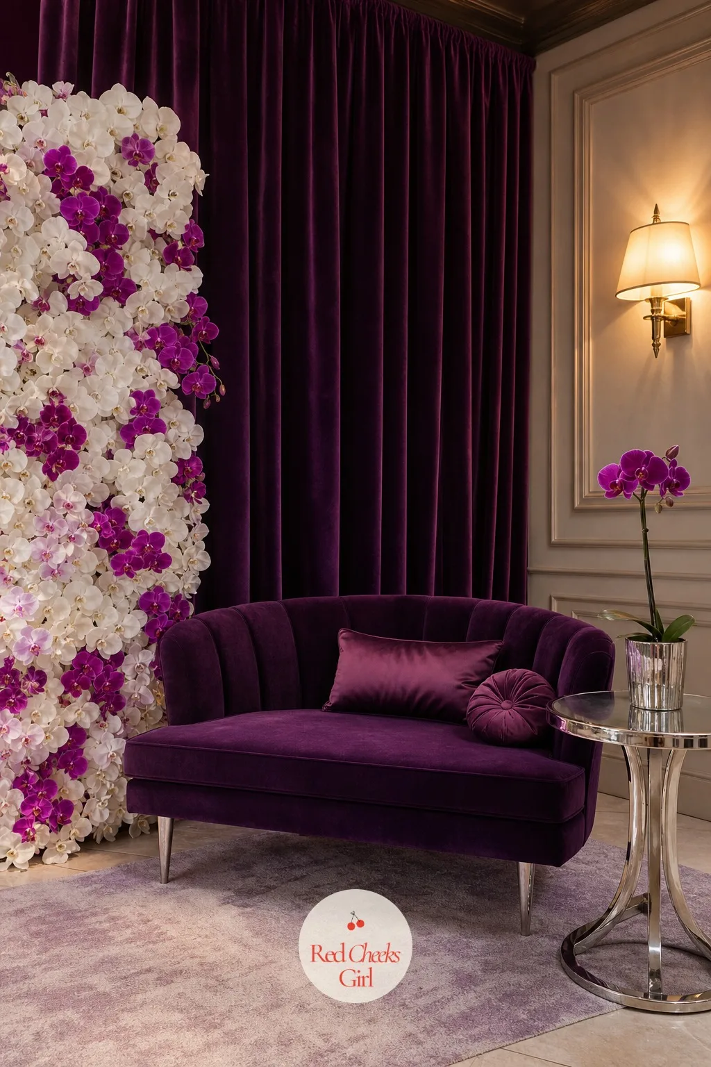 Lounge Corner Backdrop in Violet Velvet and Orchids — Guests need somewhere to sit between courses that is not just another dinner chair, and a plain sofa