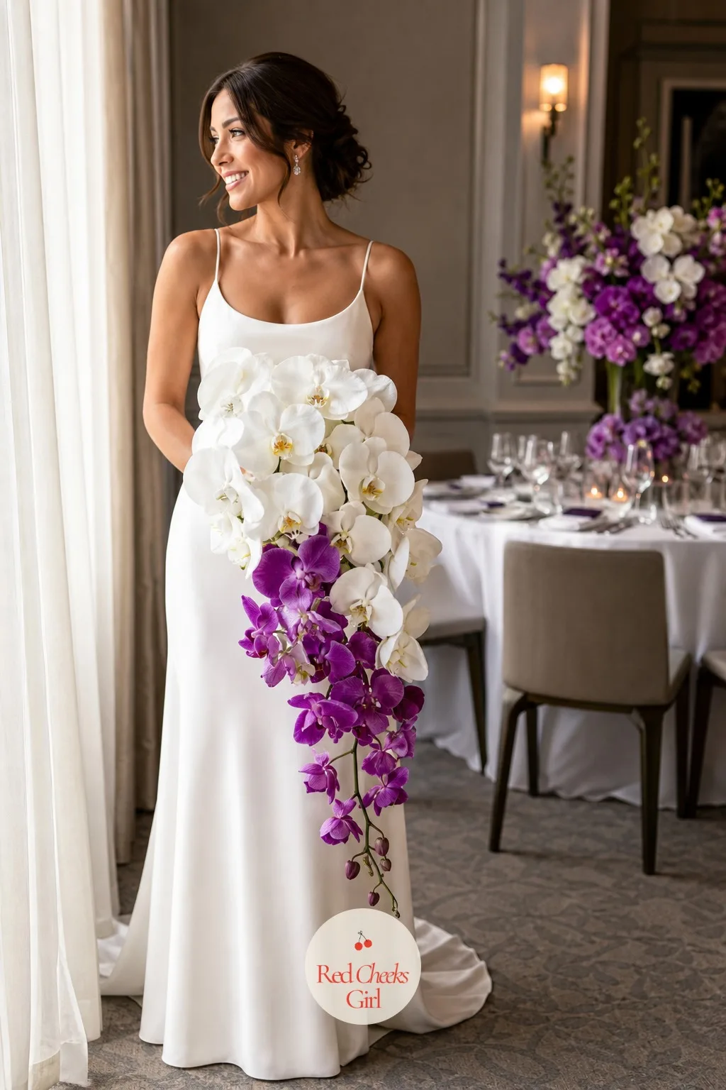 Orchid Cascade Bouquet — A round, tight bouquet can feel almost too neat against a gown with any movement to it. Orchid wedding